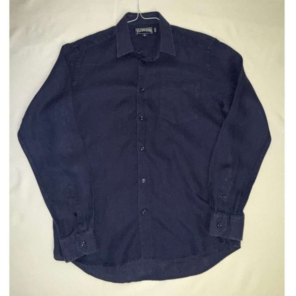 Vilebrequin Mens Navy Blue 100% Linen Long Sleeve Button Down Shirt Small Turtle - Picture 2 of 9